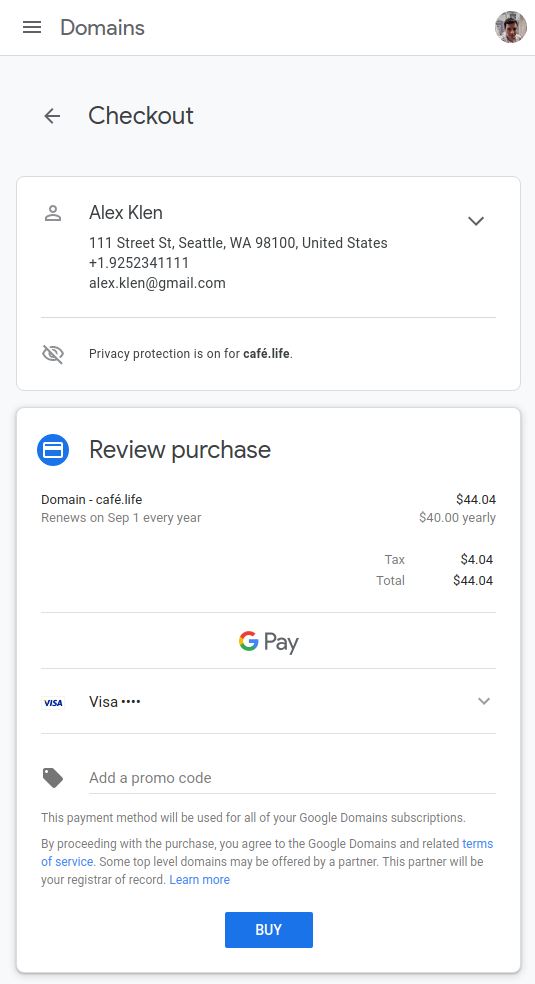 Google Domains Checkout